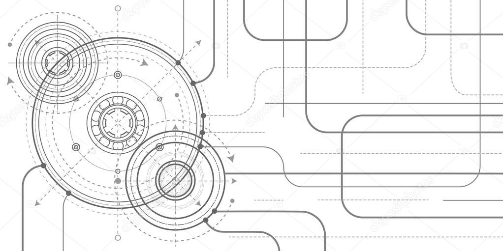 Technology white background.Technical drawing of gears .Rotating mechanism of round parts .Machine technology. Vector illustration.