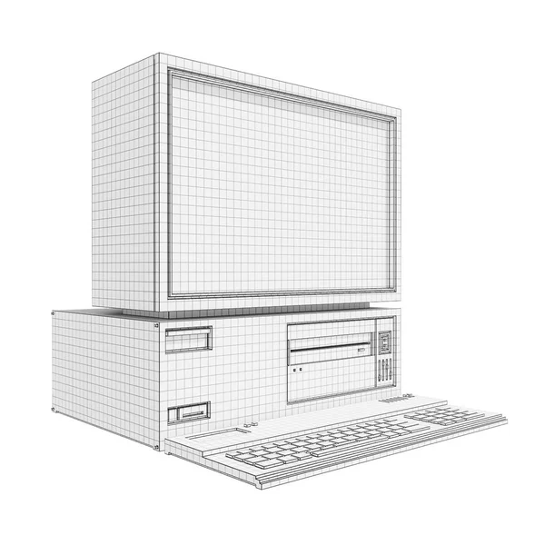 Drawing Old Computer Keyboard Monitor Isolated White Background Illustration — Photo