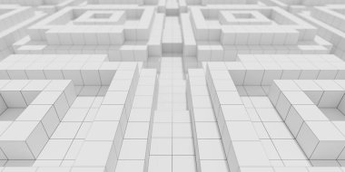 Beyaz geometrik şekilli soyut izometrik arkaplan. Modern geometrik tasarım. Resim 3D.