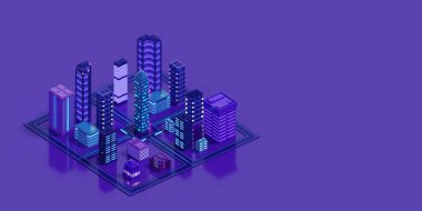 Şehir mimarisi, modern şehir manzarası, yüksek şehir gökdelenleri. 3B illüstrasyon.