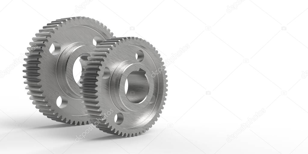 Metal gears on a white background.Engineering technical concept.Rotating mechanism of round parts .3d illustration.