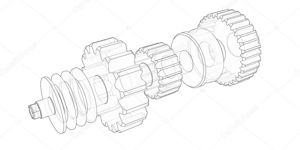 Gear drawing.Engineering project.Rotating mechanism of round parts .3d illustration.