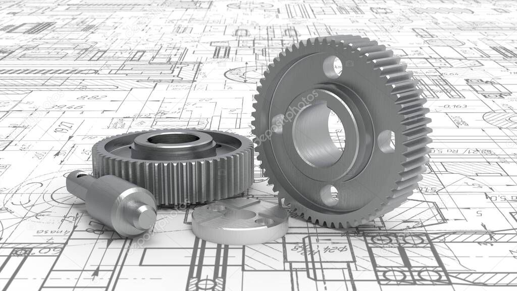 Technical, engineering concept.Gears.Machine technology.3d illustration.