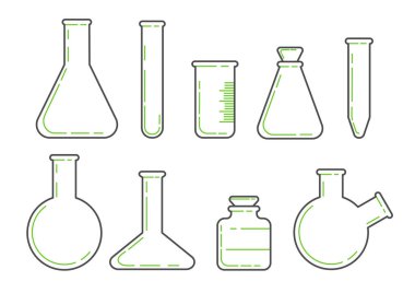 Cam kimyasal şişeler. Kimya laboratuvarı için ekipman. Vektör, illüstrasyon..