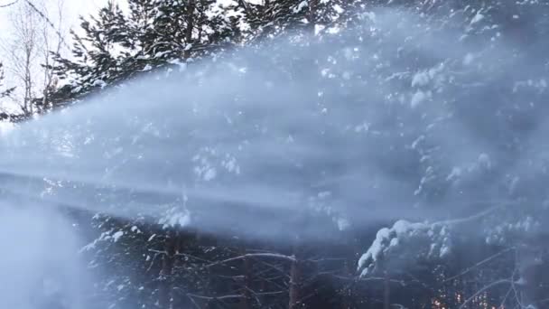 O trabalho de um canhão de neve. Criação de neve nas encostas dos pinheiros . — Vídeo de Stock