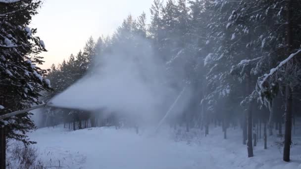 El trabajo de un cañón de nieve. Creación de nieve en las laderas de los pinos . — Vídeos de Stock