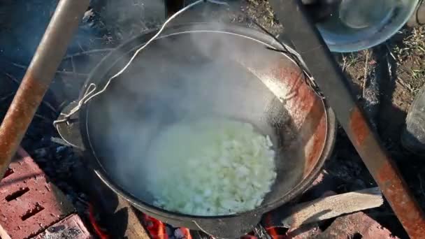 Pilaf főzés. Sült hagymával — Stock videók