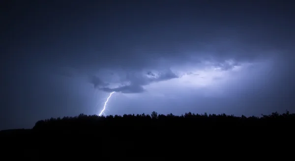 Blesky na obloze na pozadí stromů — Stock fotografie