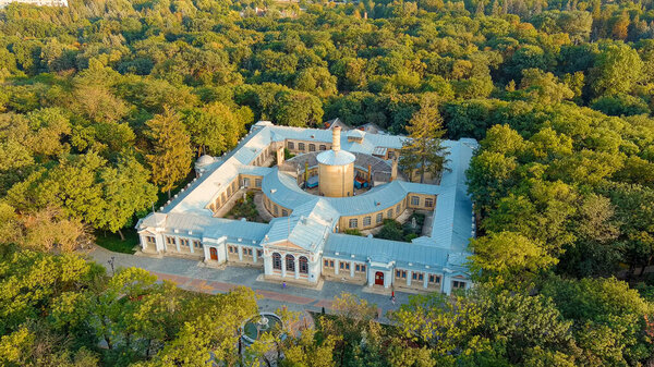Yessentuki, Russia. Upper baths. Resort park. Park of Culture and Leisure. Sunset time, Aerial View  