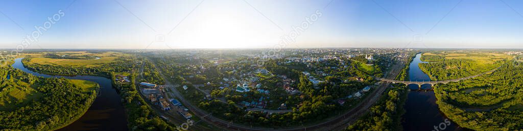 Russia, Vladimir. Panorama 360 of the city center, the Klyazma river with a bridge
