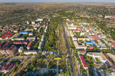 Elista, Rusya. Sabahleyin şehrin panorama 'sı. Hava görünümü