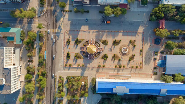 Elista, Russia. Pagoda of Seven Days - a pagoda on the central Lenin square, Aerial View, HEAD OVER SHOT