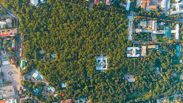 Yessentuki, Russia. Upper baths. Resort park. Park of Culture and Leisure. Sunset time, Aerial View, HEAD OVER SHOT