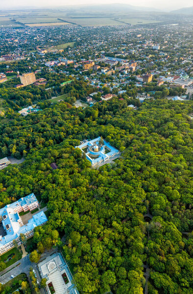 Essentuki, Russia. Upper baths. Resort park. Park of Culture and Leisure. Sunset time. Aerial view