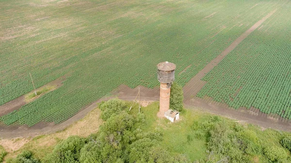 俄罗斯 乌拉尔 飞过田野 一排排的土豆旧红砖水塔 空中景观 — 图库照片