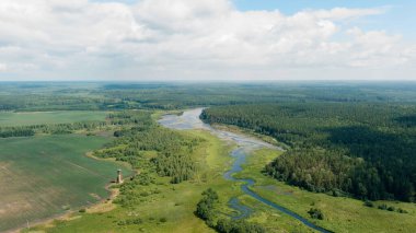 Rusya, Ural. Tarlalar ve ormanlar üzerinde kalkış. Bataklık göleti. Yerdeki gölgeler, Hava Görüntüsü  