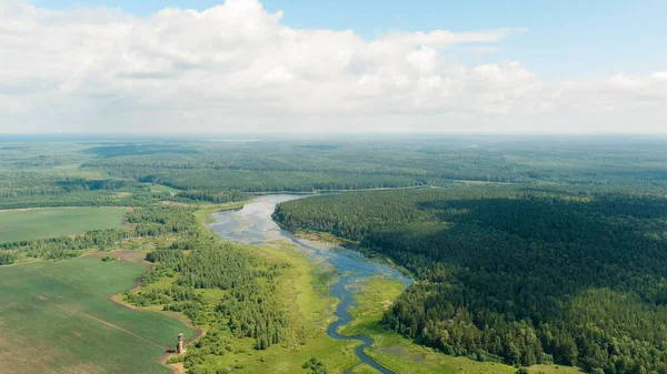 俄罗斯 乌拉尔 抢夺田野和森林 斯瓦西池塘 地面上的阴影 空中景观 — 图库照片