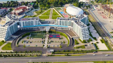 Sochi, Rusya - 6 Eylül 2021: Sirius yetenekli çocuklar için bir eğitim merkezidir. Sabah saatleri, Hava Görüntüsü  