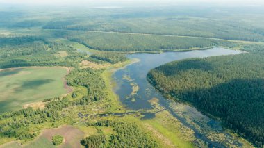 Rusya, Ural. Tarlalar ve ormanlar üzerinde kalkış. Bataklık göleti. Boşluklu bulutlar, Hava Görünümü  