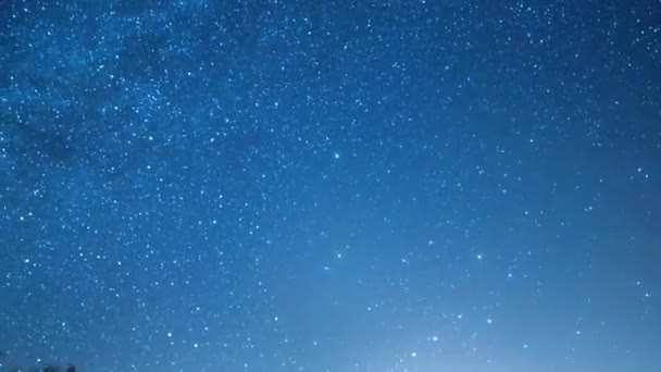 Ο έναστρος ουρανός περιστρέφεται γύρω από το πολικό αστέρι. Χιονισμένο χωράφι και δέντρα. Χειμώνας, Ρωσία. 4K — Αρχείο Βίντεο