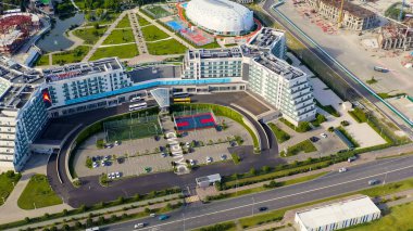 Sochi, Rusya - 6 Eylül 2021: Sirius yetenekli çocuklar için bir eğitim merkezidir. Sabah saatleri, Hava Görüntüsü  