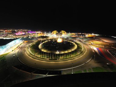 Sochi, Rusya - 5 Eylül 2021: Olimpiyat Alevi ve Şarkı Söyleyen Çeşme Kupası. Bir gösteri var. Arena Fisht. Sarı aydınlatma. Gece