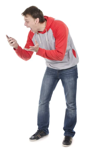 Man shouting to telephone — Stock Photo, Image