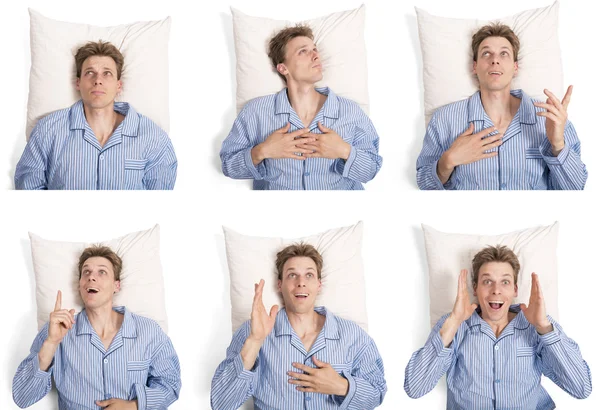 Hombre en pijama en la cama con diferentes expresiones —  Fotos de Stock