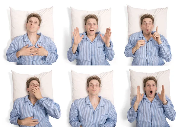 Man in pajamas in bed with different expressions — Stock Photo, Image