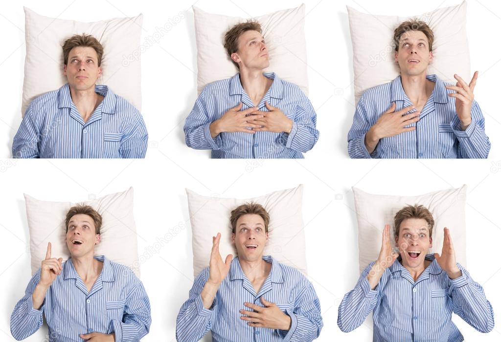 Man in pajamas in bed with different expressions