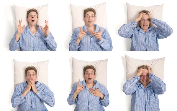 男人穿着睡衣躺在床上用不同的表达形式 — 图库照片