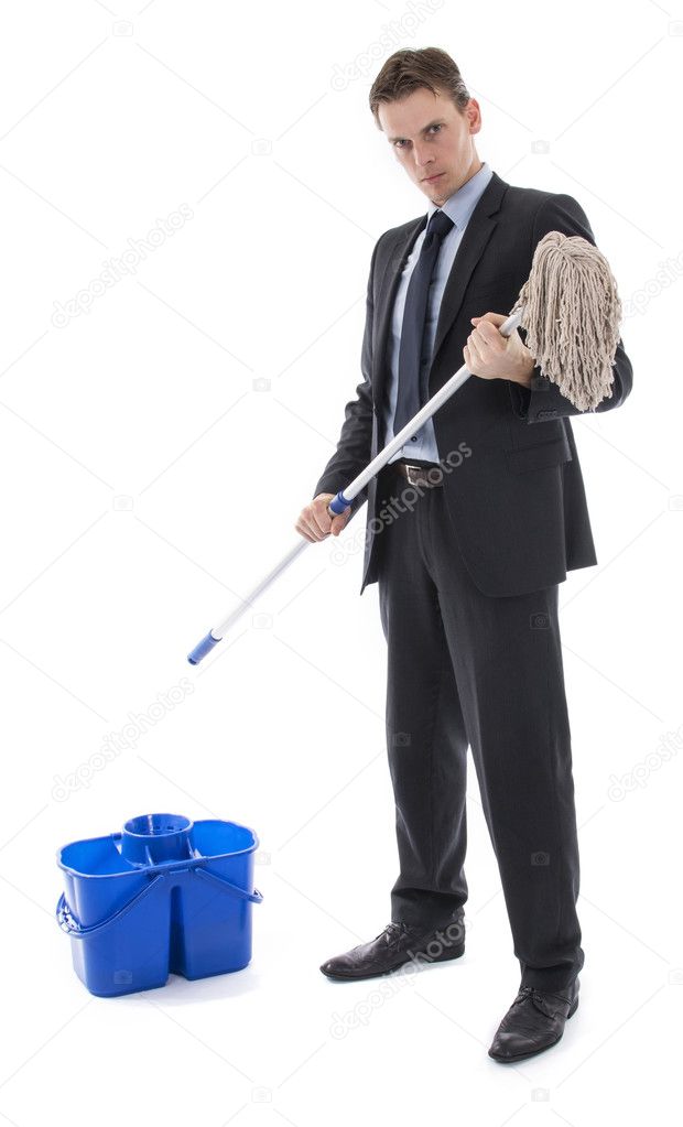 Banker or businessman with bucket and mop