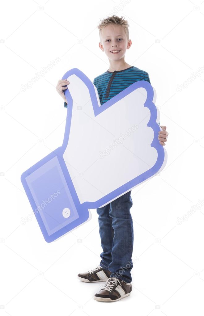 Boy holding Facebook thumb