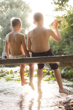Two boys enjoying summer at the lake clipart