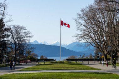 Vancouver, BC, Canada - April 5 2021 : University of British Columbia (UBC) campus. UBC Flag Pole.