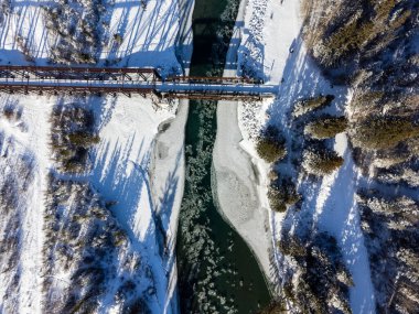 Bow River Vadisi 'nin kışın güzel manzarası. Karla kaplı orman. Canmore Motor Köprüsü. Banff Ulusal Parkı.