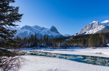 Kışın Bow River 'da yüzen buz tabakası. Açık mavi gökyüzü, kar kaplı Lawrence Grassi Dağı güzel manzara. Canmore, Alberta, Kanada.