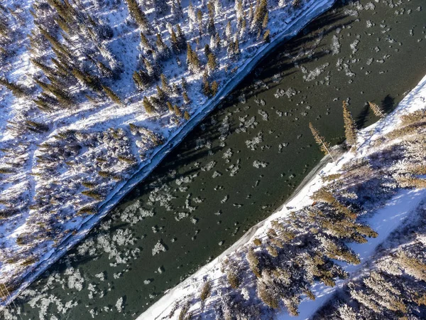 Río Que Fluye Bosques Abetos Verdes Cubiertos Nieve Invierno Vista —  Fotos de Stock