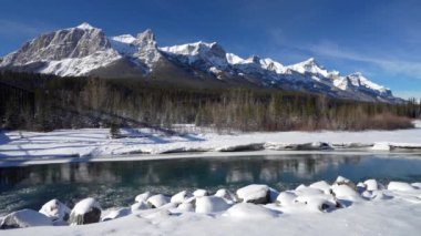 Canadian Rockies beautiful scenery in early winter. Drift ice floating on Bow River, snow capped Mount Rundle mountain range reflections. Canmore, Alberta, Canada.