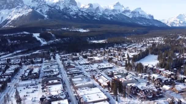 Aerial Panorama View Town Canmore Canadian Rockies Winter Alberta Canada — 비디오