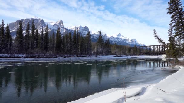 加拿大落基山脉冬天的美丽风景 浮冰飘浮在弓江上 积雪覆盖着龙头山山脉的反光 加拿大艾伯塔省坎莫尔 — 图库视频影像