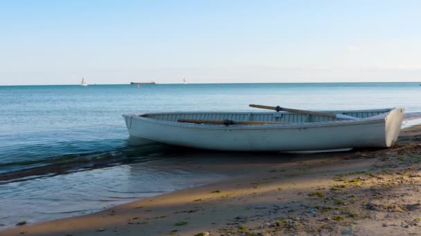 Velho Barco Linha Praia Com Sombra Árvores Oceano Calmo Horizonte — Vídeo de Stock