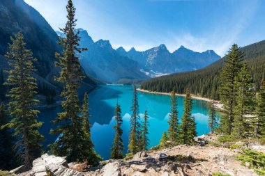 Moraine Gölü. Güneşli yaz sabahında güzel bir manzara. Gölge turkuaz mavi suda yansıyarak hareket eder. Kanada Kayalıkları. Banff Ulusal Parkı. Alberta, Kanada.