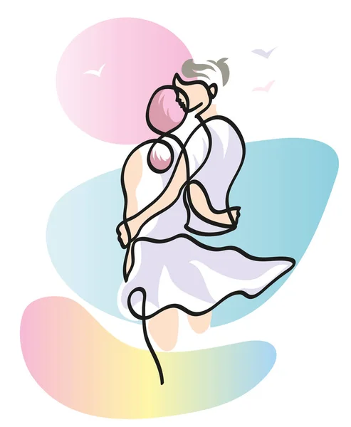 Sahilde birbirini seven romantik bir çiftin bir çizimi. Balayı ve gün batımının aralıksız çizimi..