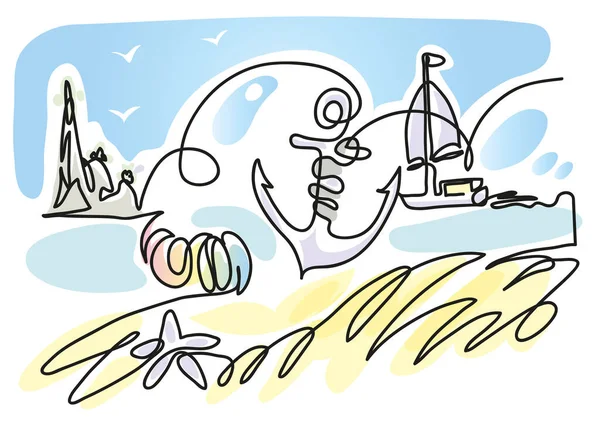 Sahilde bir sıra çapa çizimi. Sürekli bir plaj çizgisi, yaz konsepti..