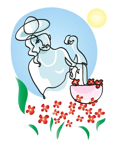 Bir sıra kadın bahçıvan çizimi. Sürekli çiçek kesen bir kadın çizimi..