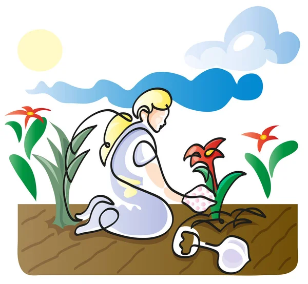 Güzel sarışın bahçıvanın çizdiği bir çizgi. Bahçe işlerinden zevk alan bir kadın çizimi..