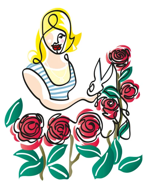 庭にバラを集める女性の一本の線画 — ストック写真