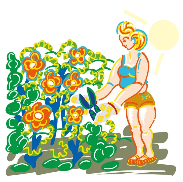 Young Woman Yard Gardening Illustration Plants Flowers Garden — Stock Photo, Image