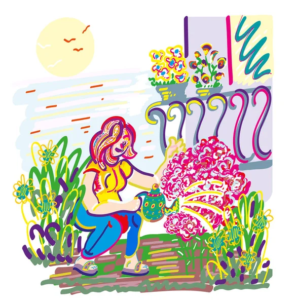 Flower Care Watering Concept Spring Illustration Happy Woman Gardener Flowers — Stock Photo, Image